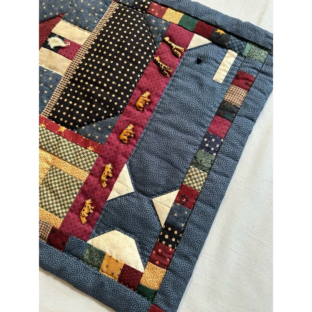 Vtg Folk Art Noahs Ark Mini Quilt 16x24 Wall Hanging Primitive Handmade